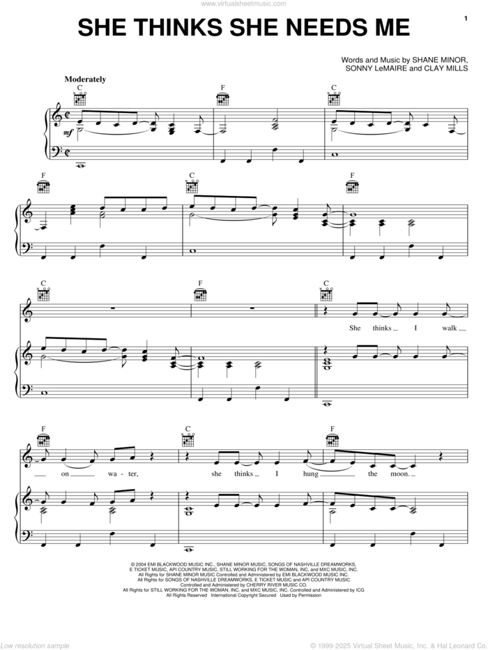 She Thinks She Needs Me sheet music for voice, piano or guitar by Andy Griggs, Clay Mills, Shane Minor and Sonny LeMaire, intermediate skill level