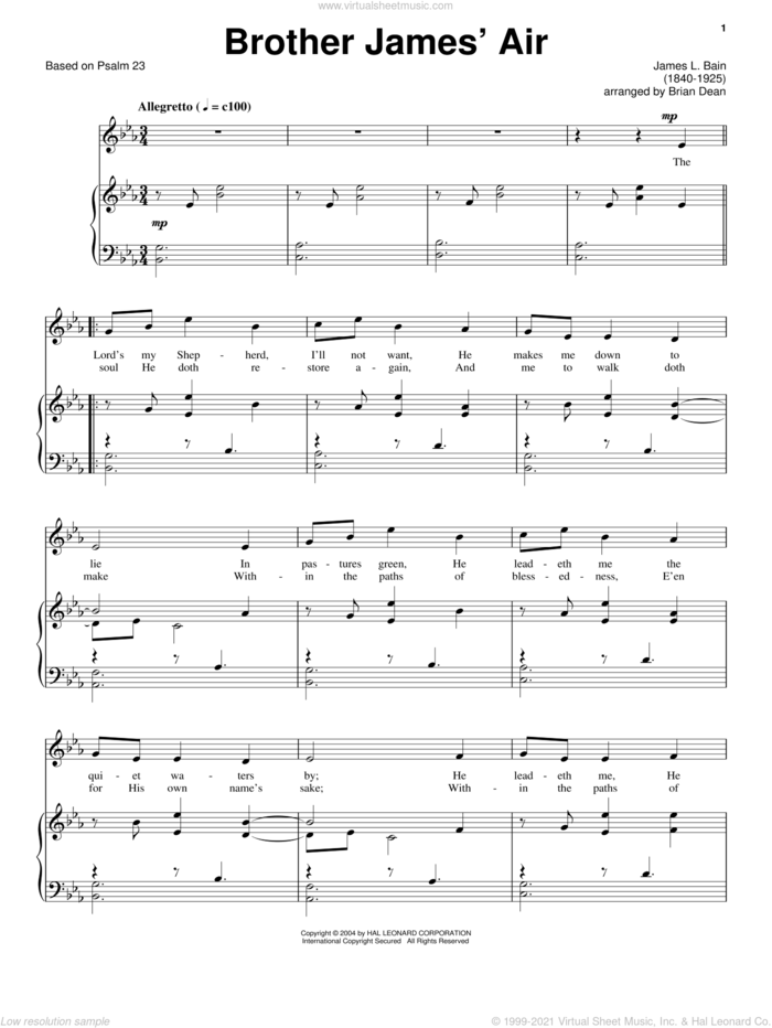 Brother James' Air sheet music for voice and piano by Based on Psalm 23 and Miscellaneous, intermediate skill level
