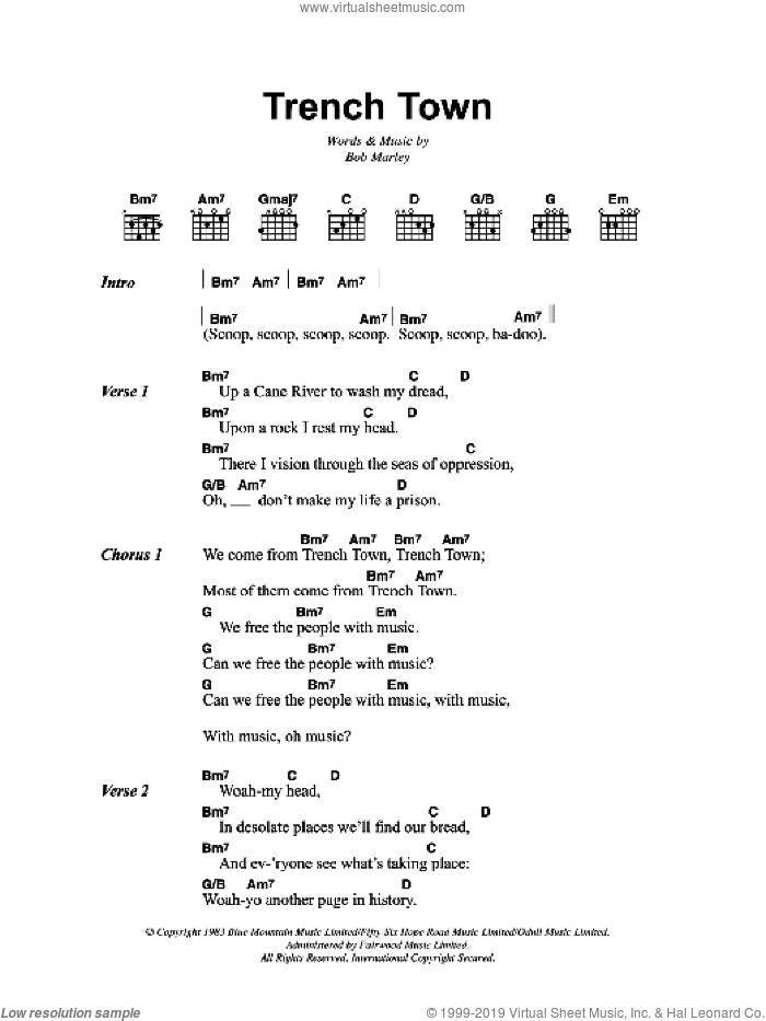 Trench Town sheet music for guitar (chords) by Bob Marley, intermediate skill level