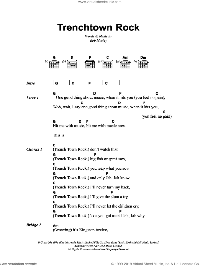 Trenchtown Rock sheet music for guitar (chords) by Bob Marley, intermediate skill level