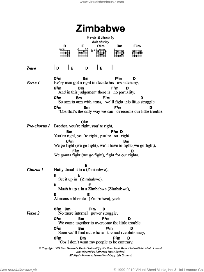 Zimbabwe sheet music for guitar (chords) by Bob Marley, intermediate skill level