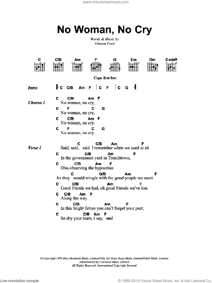 No Woman, No Cry sheet music for guitar (chords) by Bob Marley and Vincent Ford, intermediate skill level