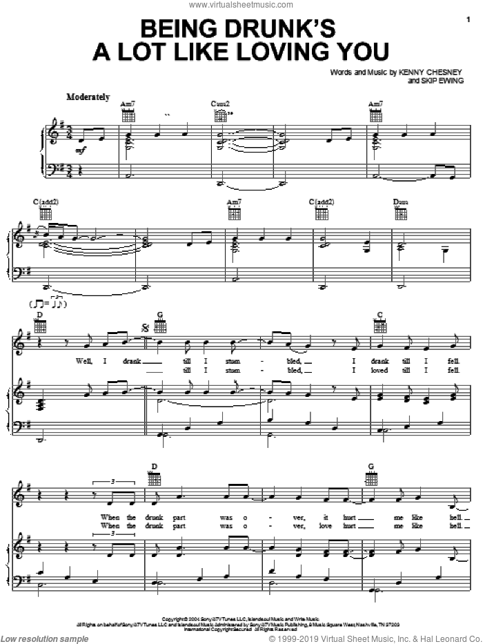 Being Drunk's A Lot Like Loving You sheet music for voice, piano or guitar by Kenny Chesney and Skip Ewing, intermediate skill level