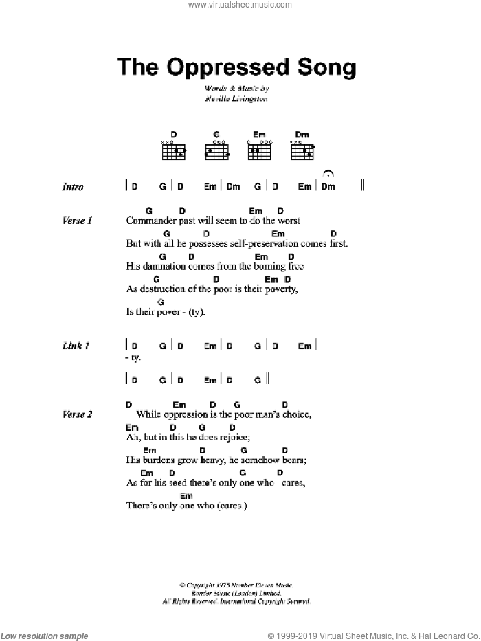The Oppressed Song sheet music for guitar (chords) by Bob Marley and Neville Livingston, intermediate skill level