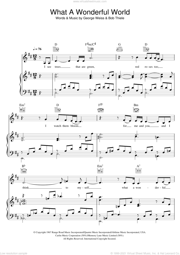 What A Wonderful World sheet music for voice, piano or guitar by Katie Melua, Bob Thiele and George David Weiss, intermediate skill level