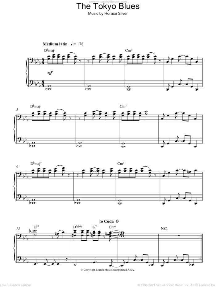 The Tokyo Blues sheet music for piano solo by Horace Silver, intermediate skill level