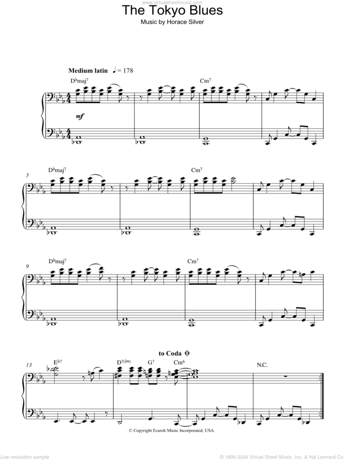 The Tokyo Blues sheet music for piano solo by Horace Silver, intermediate skill level