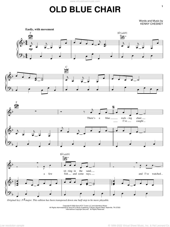 Old Blue Chair sheet music for voice, piano or guitar by Kenny Chesney, intermediate skill level