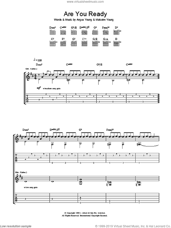 Are You Ready sheet music for guitar (tablature) by AC/DC, Angus Young and Malcolm Young, intermediate skill level