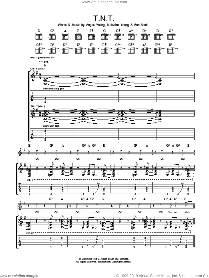 T.N.T. sheet music for guitar (tablature) by AC/DC, Angus Young, Bon Scott and Malcolm Young, intermediate skill level