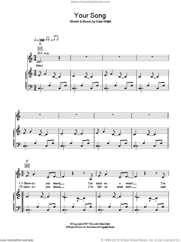 Your Song sheet music for voice, piano or guitar by Kate Walsh, intermediate skill level