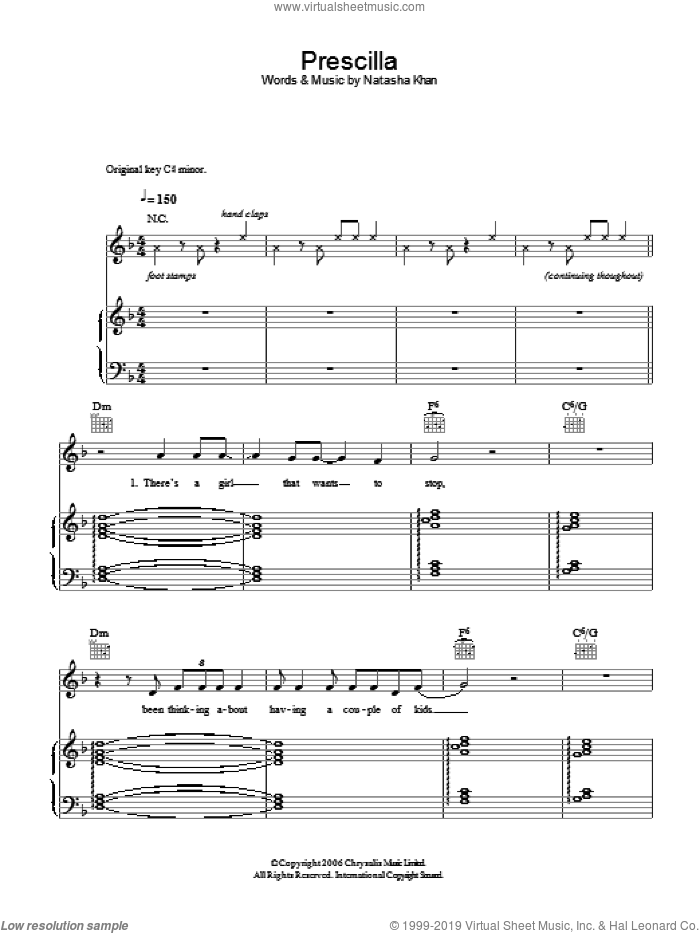 Prescilla sheet music for voice, piano or guitar by Bat For Lashes and Natasha Khan, intermediate skill level