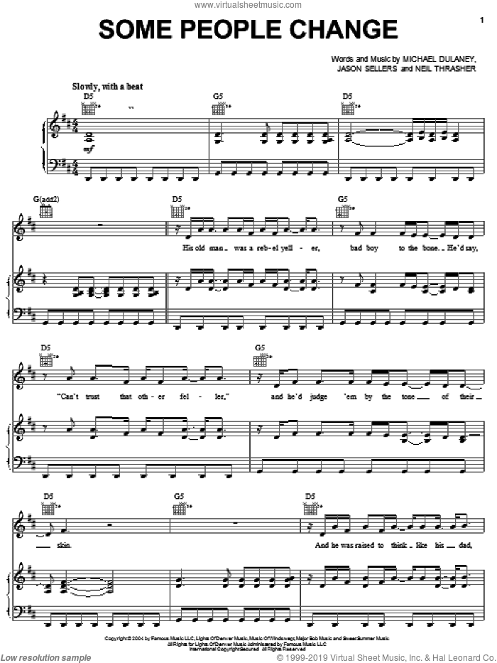 Some People Change sheet music for voice, piano or guitar by Kenny Chesney, Montgomery Gentry, Jason Sellers, Michael Dulaney and Neil Thrasher, intermediate skill level