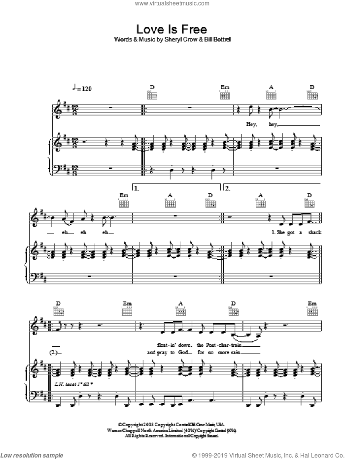 Love Is Free sheet music for voice, piano or guitar by Sheryl Crow and Bill Bottrell, intermediate skill level