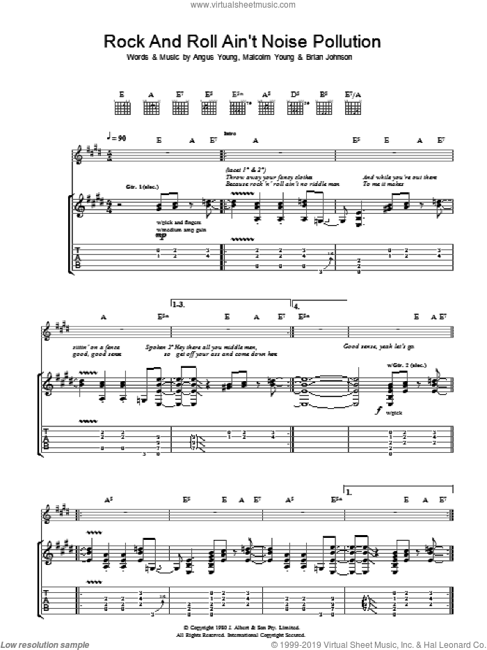 Rock And Roll Ain't Noise Pollution sheet music for guitar (tablature) by AC/DC, Angus Young, Brian Johnson and Malcolm Young, intermediate skill level