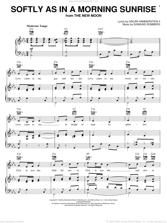 Softly As In A Morning Sunrise sheet music for voice, piano or guitar by Sigmund Romberg and Oscar II Hammerstein, intermediate skill level