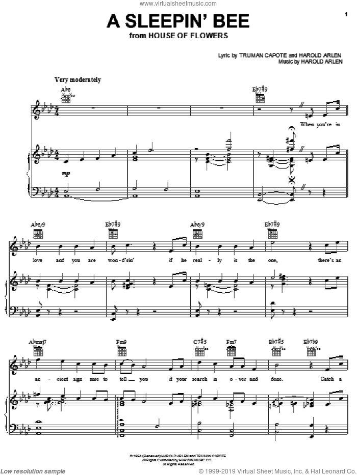 A Sleepin' Bee sheet music for voice, piano or guitar by Truman Capote and Harold Arlen, intermediate skill level