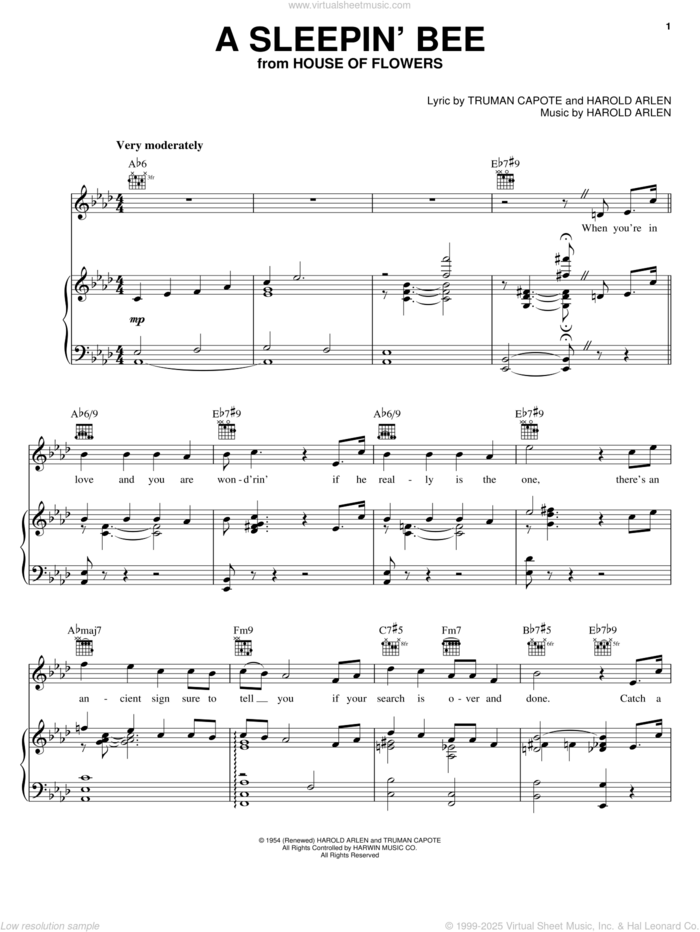 A Sleepin' Bee sheet music for voice, piano or guitar by Truman Capote and Harold Arlen, intermediate skill level