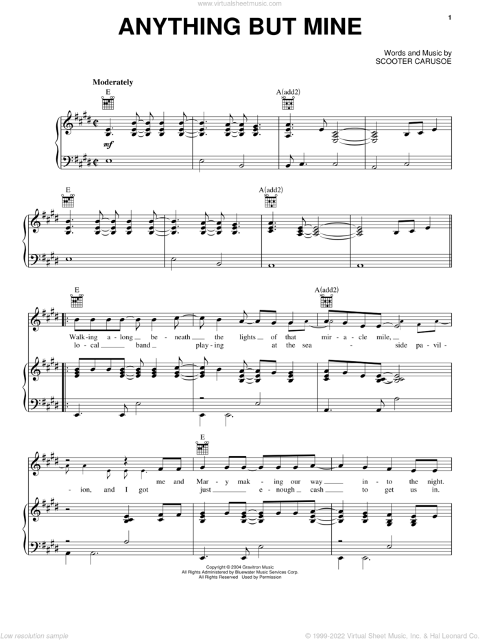 Anything But Mine sheet music for voice, piano or guitar by Kenny Chesney and Scooter Carusoe, intermediate skill level