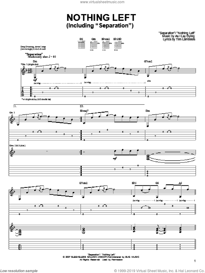 Nothing Left sheet music for guitar (tablature) by As I Lay Dying, Jordan Mancino, Phillip Sgrosso, Sam Hipa and Tim Lambesis, intermediate skill level