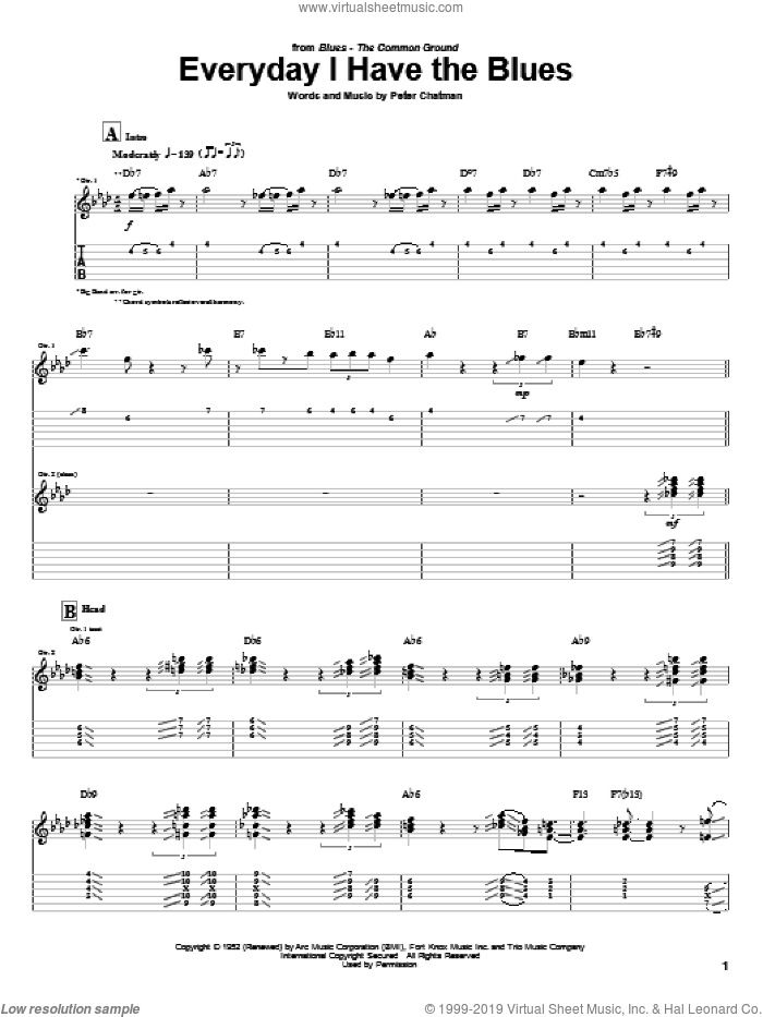 Everyday I Have The Blues sheet music for guitar (tablature) by Kenny Burrell, B.B. King and Peter Chatman, intermediate skill level