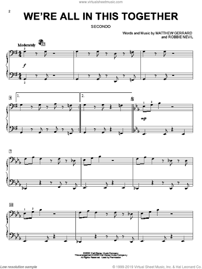 We're All In This Together (from High School Musical) sheet music for piano four hands by High School Musical Cast, High School Musical, Matthew Gerrard and Robbie Nevil, intermediate skill level