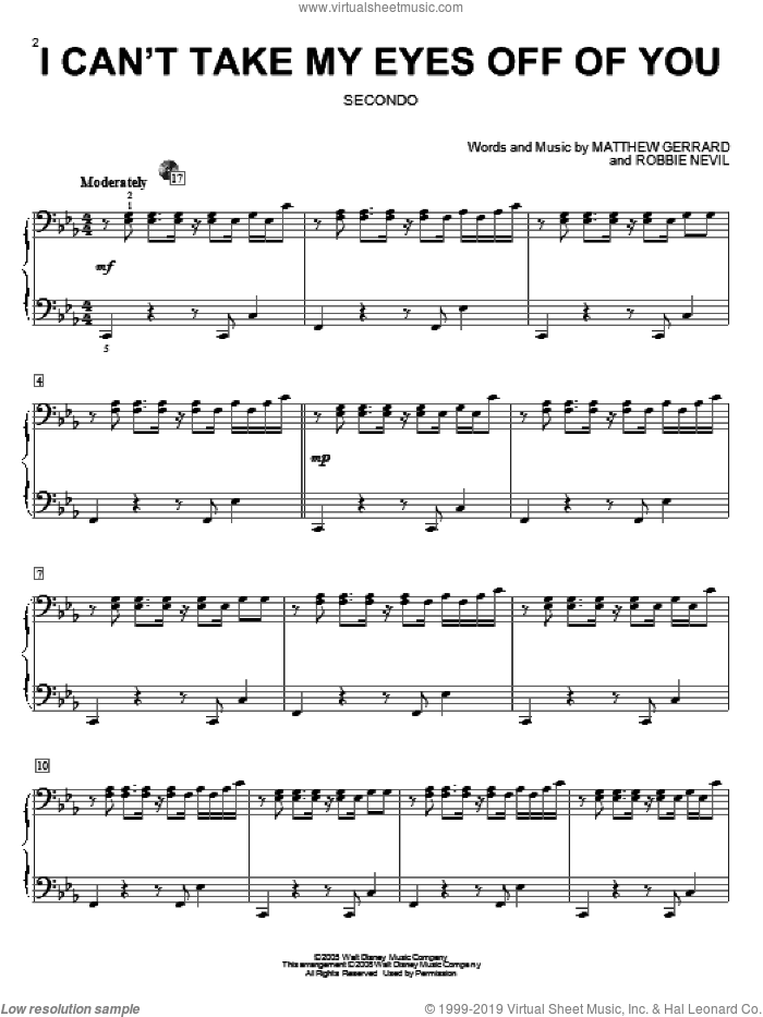 I Can't Take My Eyes Off Of You sheet music for piano four hands by High School Musical, Matthew Gerrard and Robbie Nevil, intermediate skill level