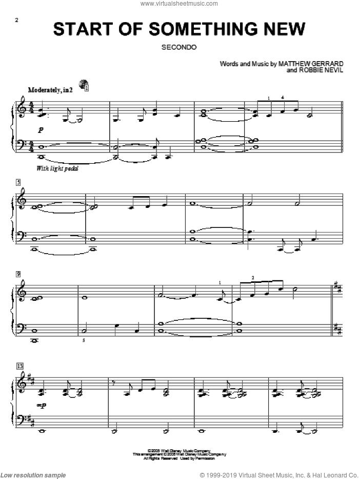 Start Of Something New sheet music for piano four hands by High School Musical, Matthew Gerrard and Robbie Nevil, intermediate skill level