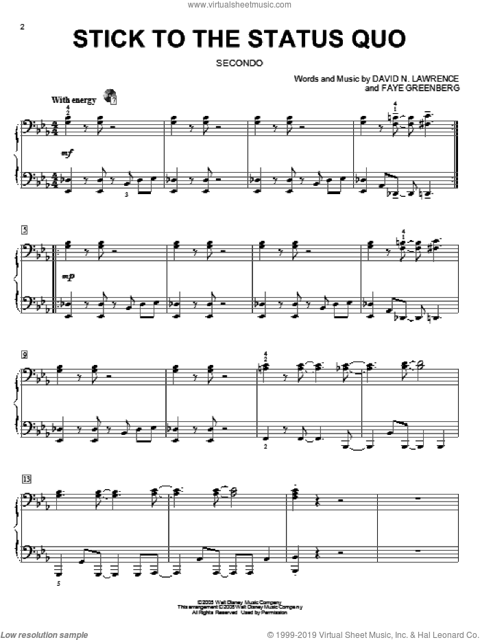 Stick To The Status Quo sheet music for piano four hands by High School Musical, David N. Lawrence and Faye Greenberg, intermediate skill level
