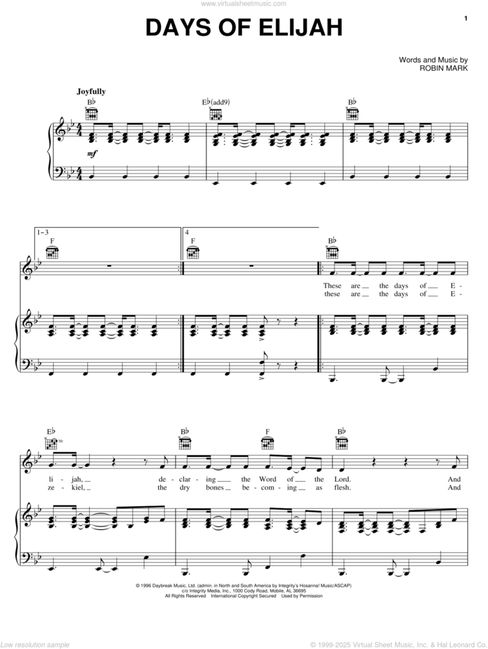 Days Of Elijah sheet music for voice, piano or guitar by Robin Mark, intermediate skill level