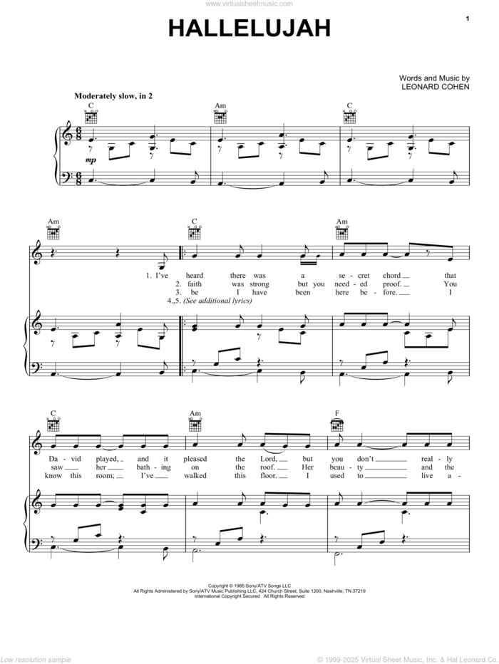 Hallelujah sheet music for voice, piano or guitar by Kate Voegele, Jeff Buckley, Rufus Wainwright, Shrek (Movie) and Leonard Cohen, intermediate skill level