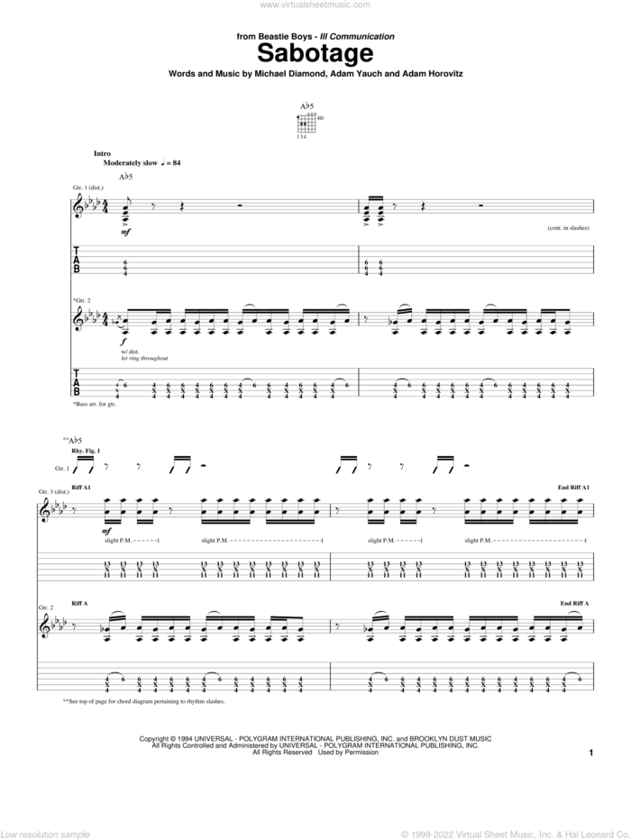 Sabotage sheet music for guitar (tablature) by Beastie Boys, Adam Horovitz, Adam Yauch and Michael Diamond, intermediate skill level