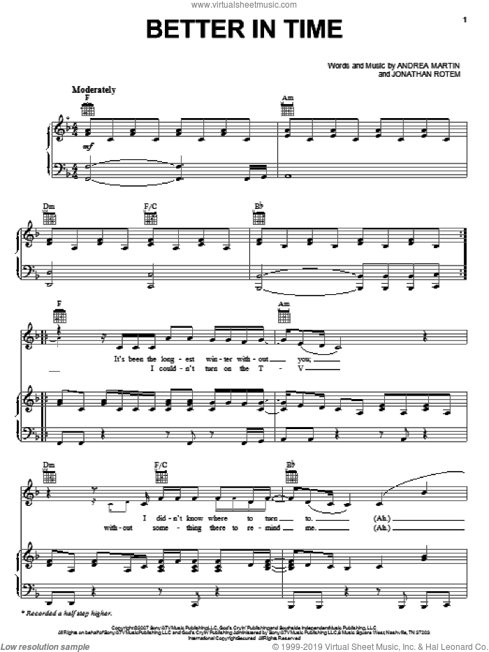 Better In Time sheet music for voice, piano or guitar by Leona Lewis, Andrea Martin and Jonathan Rotem, intermediate skill level