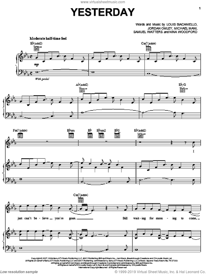 Yesterday sheet music for voice, piano or guitar by Leona Lewis, Jordan Omley, Louis Biancaniello, Michael Mani, Nina Woodford and Sam Watters, intermediate skill level