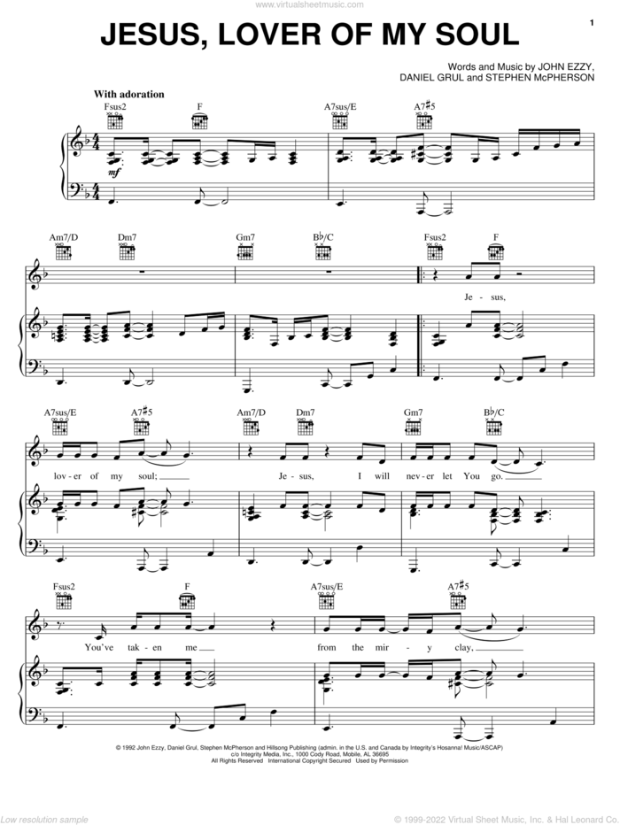 Jesus, Lover Of My Soul sheet music for voice, piano or guitar by John Ezzy, Daniel Grul and Stephen McPherson, intermediate skill level
