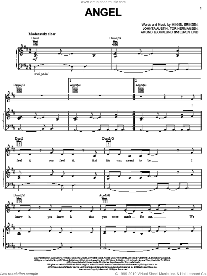 Angel sheet music for voice, piano or guitar by Leona Lewis, Amund Bjorklund, Espen Lind, Johnta Austin, Mikkel Eriksen and Tor Erik Hermansen, intermediate skill level