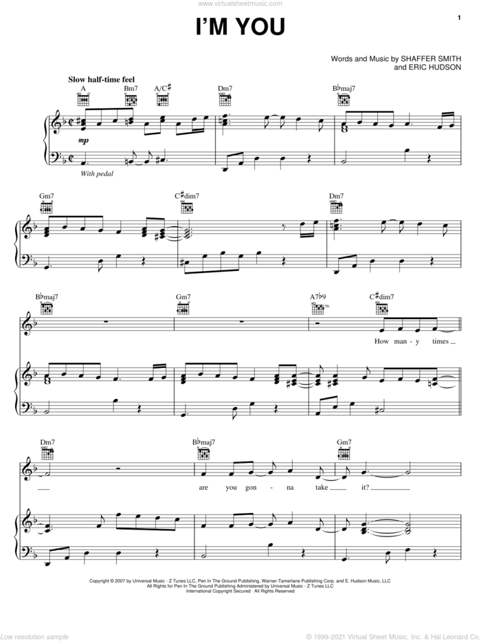 I'm You sheet music for voice, piano or guitar by Leona Lewis, Eric Hudson and Shaffer Smith, intermediate skill level