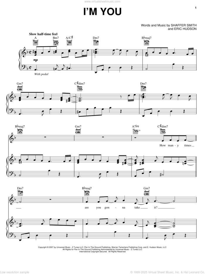 I'm You sheet music for voice, piano or guitar by Leona Lewis, Eric Hudson and Shaffer Smith, intermediate skill level