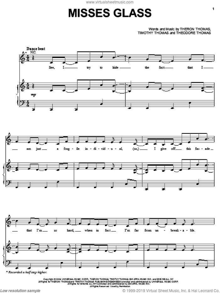Misses Glass sheet music for voice, piano or guitar by Leona Lewis, Theodore Thomas, Theron Thomas and Timmy Thomas, intermediate skill level