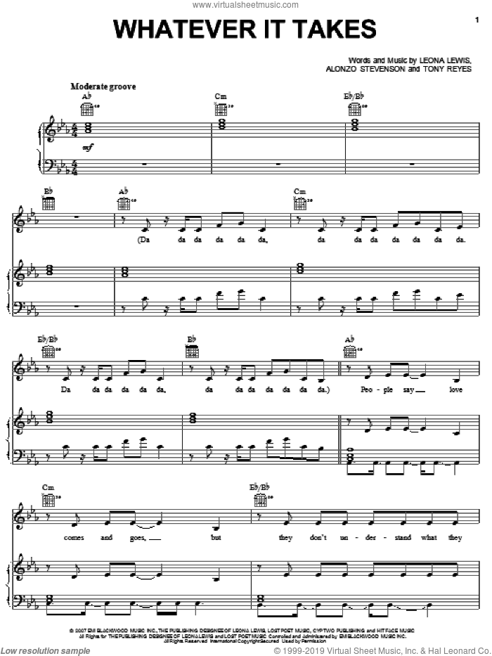 Whatever It Takes sheet music for voice, piano or guitar by Leona Lewis, Alonzo Stevenson and Tony Reyes, intermediate skill level