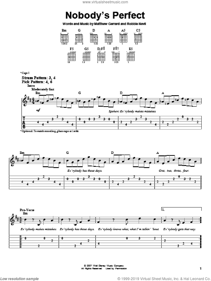 Nobody's Perfect sheet music for guitar solo (easy tablature) by Hannah Montana, Miley Cyrus, Matthew Gerrard and Robbie Nevil, easy guitar (easy tablature)