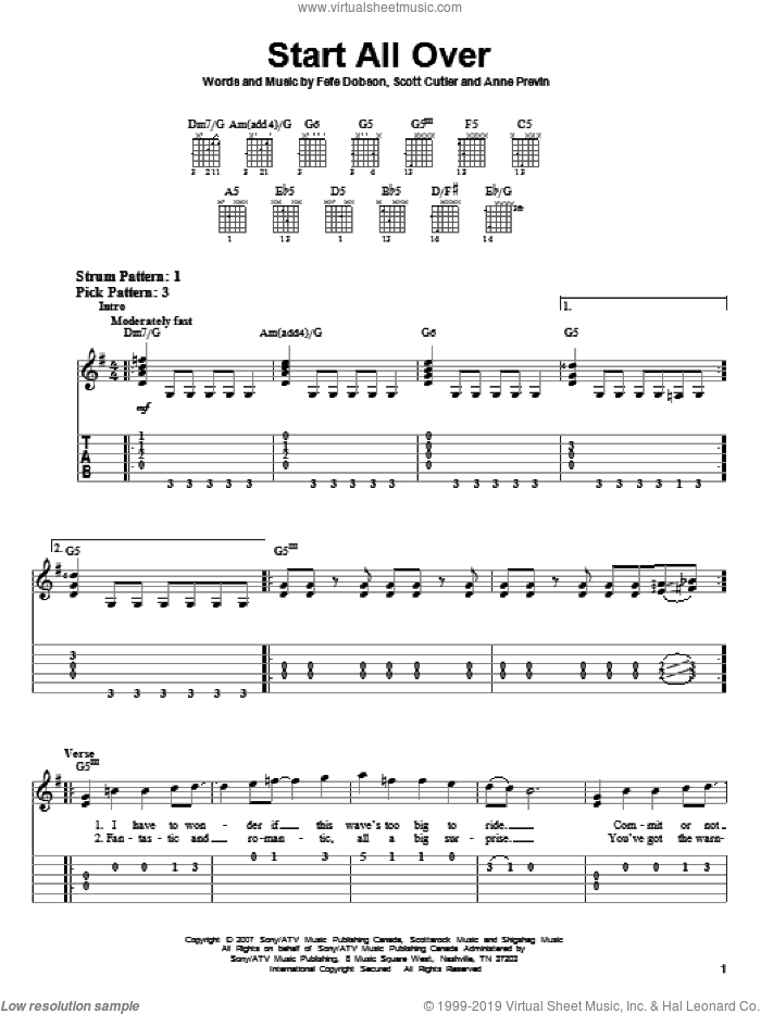 Start All Over sheet music for guitar solo (easy tablature) by Hannah Montana, Miley Cyrus, Anne Previn, Fefe Dobson and Scott Cutler, easy guitar (easy tablature)