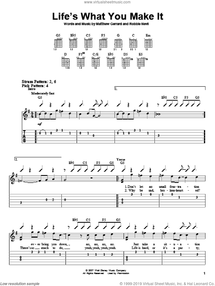 Life's What You Make It sheet music for guitar solo (easy tablature) by Hannah Montana, Miley Cyrus, Matthew Gerrard and Robbie Nevil, easy guitar (easy tablature)
