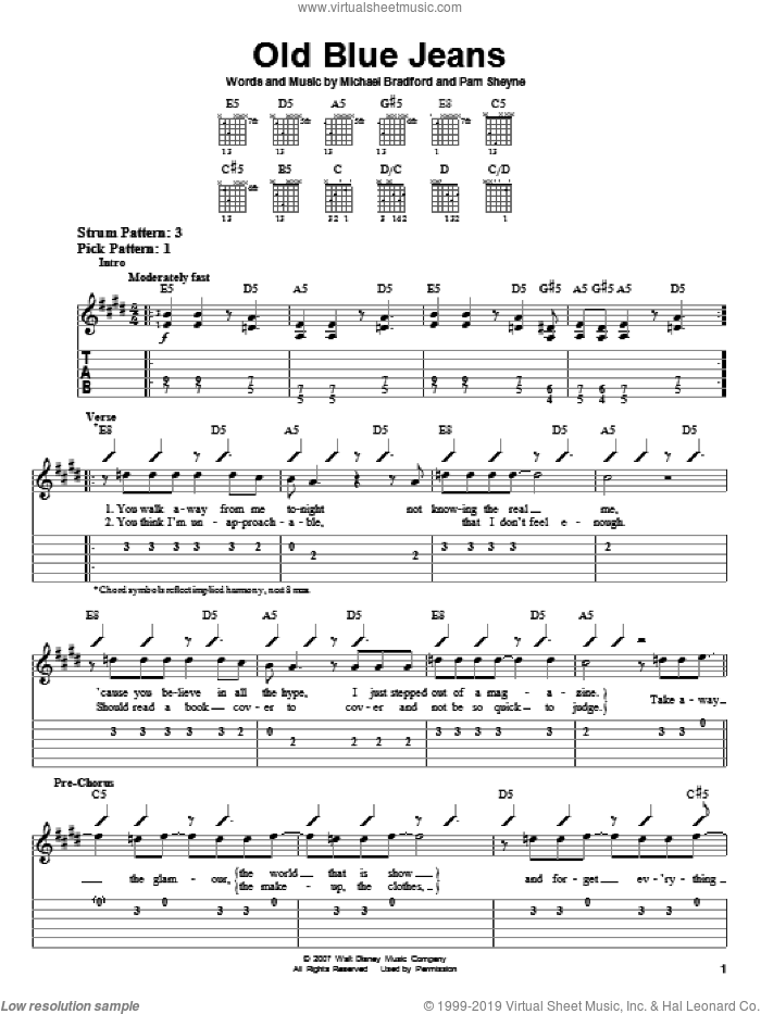 Old Blue Jeans sheet music for guitar solo (easy tablature) by Hannah Montana, Miley Cyrus, Michael Bradford and Pam Sheyne, easy guitar (easy tablature)