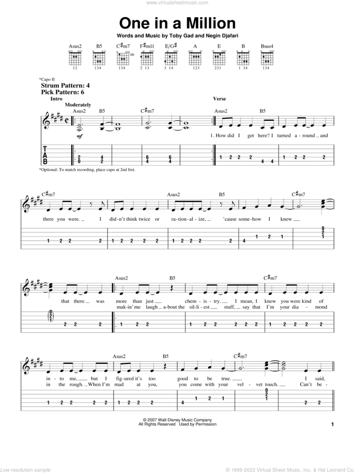 One In A Million sheet music for guitar solo (easy tablature) by Hannah Montana, Miley Cyrus, Negin Djafari and Toby Gad, easy guitar (easy tablature)