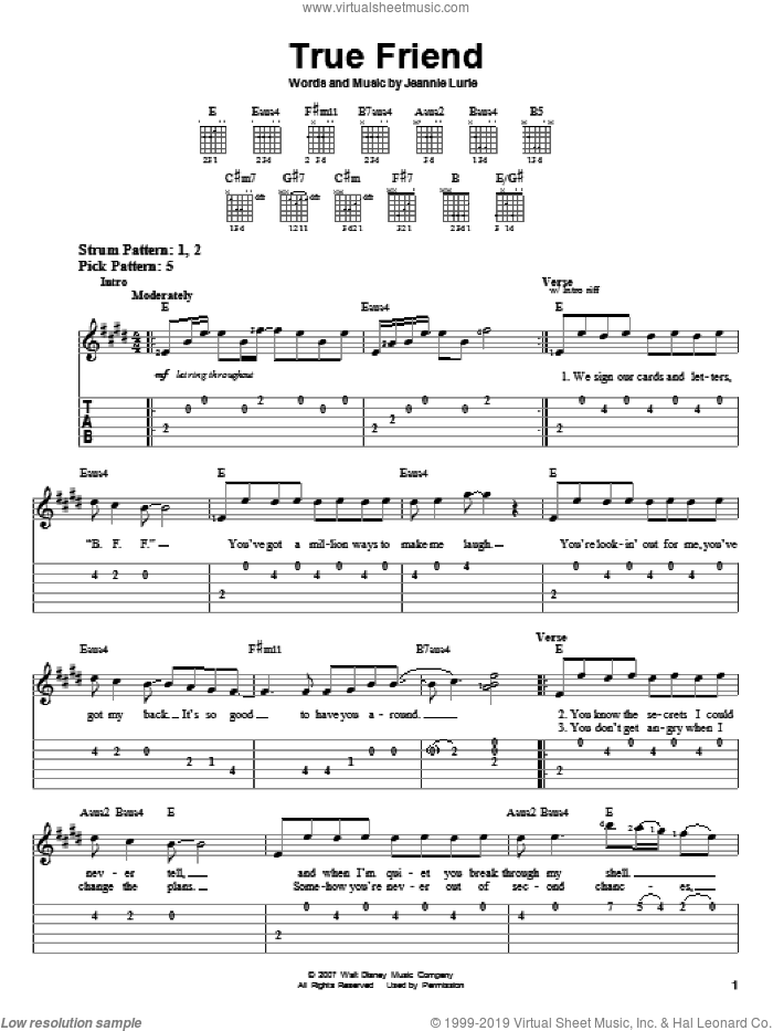 True Friend sheet music for guitar solo (easy tablature) by Hannah Montana, Miley Cyrus and Jeannie Lurie, easy guitar (easy tablature)