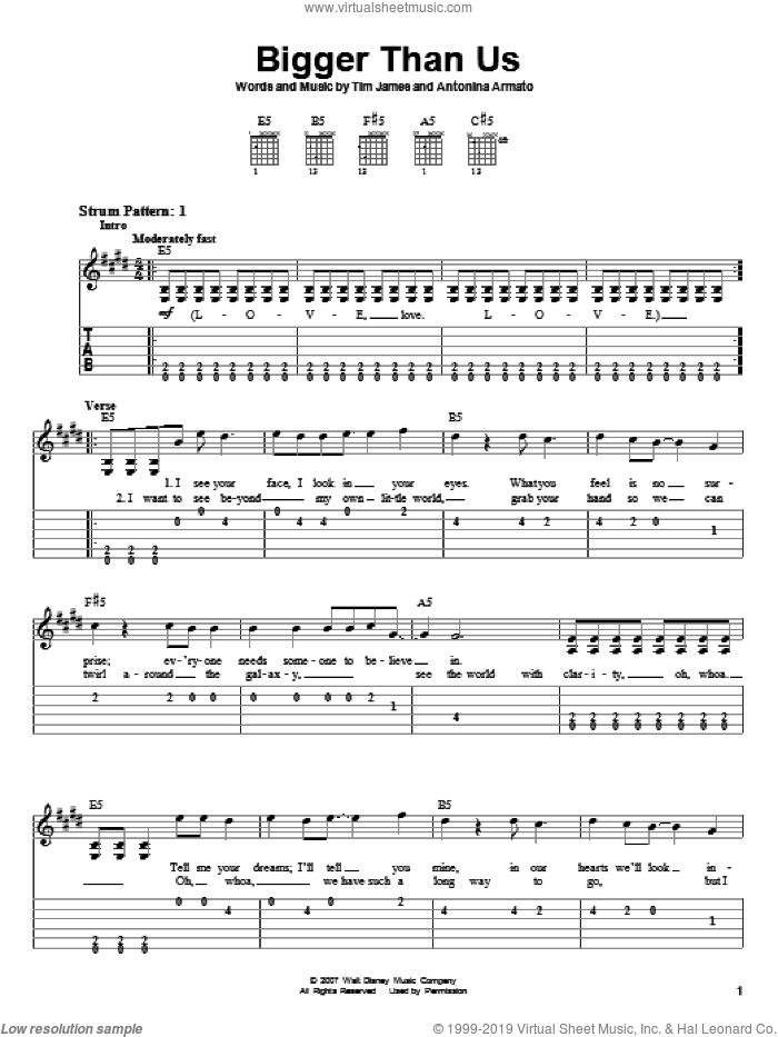 Bigger Than Us sheet music for guitar solo (easy tablature) by Hannah Montana, Miley Cyrus, Antonina Armato and Tim James, easy guitar (easy tablature)
