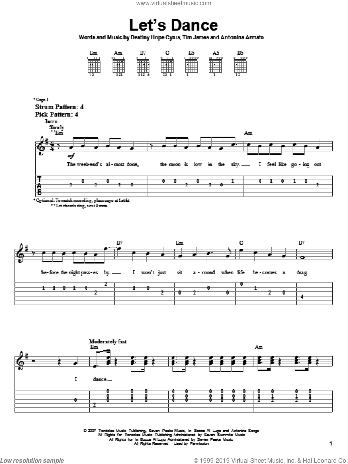 Let's Dance sheet music for guitar solo (easy tablature) by Hannah Montana, Miley Cyrus, Antonina Armato, Destiny Hope Cyrus and Tim James, easy guitar (easy tablature)