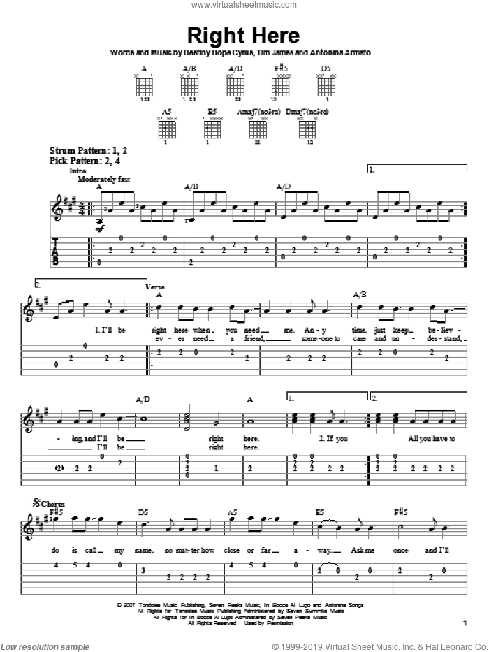 Right Here sheet music for guitar solo (easy tablature) by Hannah Montana, Miley Cyrus, Antonina Armato, Destiny Hope Cyrus and Tim James, easy guitar (easy tablature)