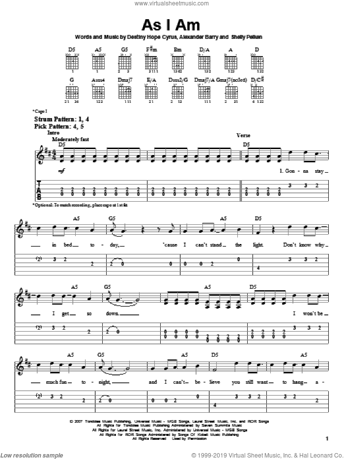 As I Am sheet music for guitar solo (easy tablature) by Hannah Montana, Miley Cyrus, Alexander Barry, Destiny Hope Cyrus and Shelly Peiken, easy guitar (easy tablature)
